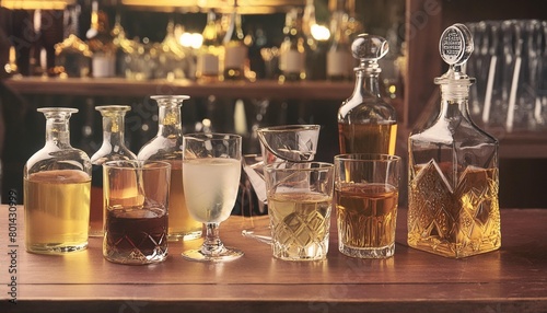 assortment of hard strong alcoholic drinks and spirits in glasses on bar counter