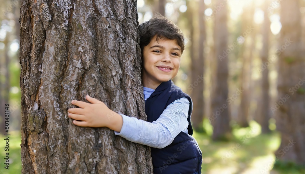 Child hugging a tree in the outdoor forest. Concept of battling a global problem of carbon dioxide and global warming Child hugging a tree in the outdoor forest. Concept of battling a global problem of carbon dioxide and global warming