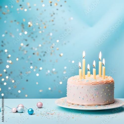 Sky Blue background with birthday cake with candles pastel backdrop empty blank copyspace for design text photo website web banner backdrop 