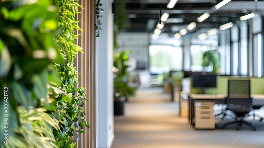Ecofriendly office space prioritizing employee wel. Concept Eco-friendly Office Design, Sustainable Practices, Employee Well-being, Green Workspaces, Eco-conscious Work Environment