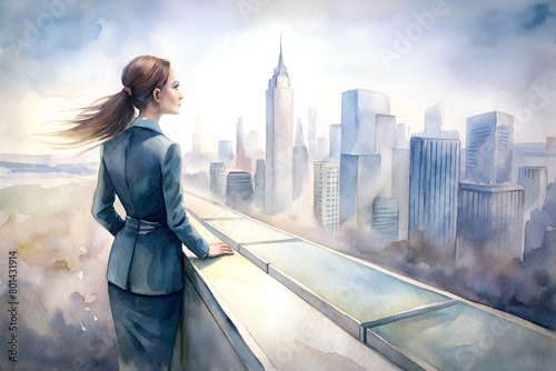 Leading Line from Skyscraper's Sharp Edge to Businesswoman Gazing Over the City