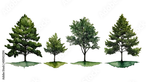 watercolor hand painted green trees set isolated on transparent background