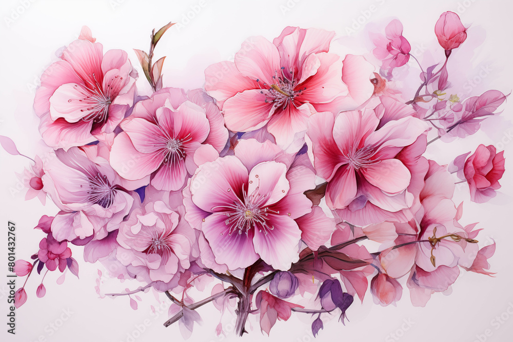 Watercolor painting of bright and beautiful pink flowers.