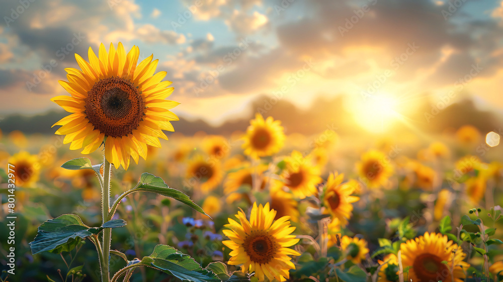 Obraz premium Sunset Over Vibrant Sunflower Field with Dramatic Sky