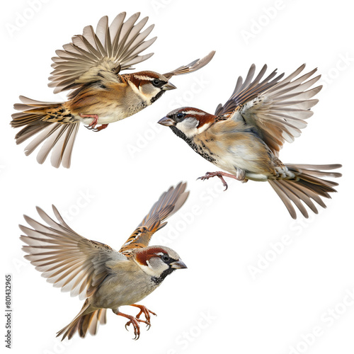 Set of Eurasian Tree Sparrow, Passer montanus flying, isolated on white background photo