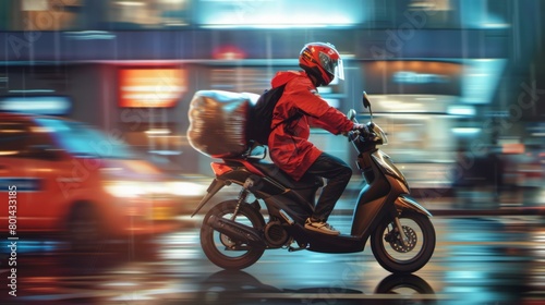 Delivery Rider on Motorcycle at Night