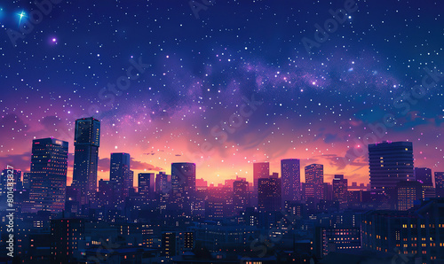 Looking up at night sky with stars above towering city buildings. Generate AI © VinaAmeliaGRPHIC