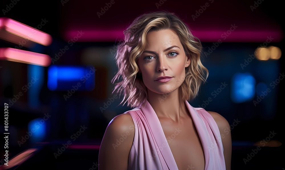 Stunning portrait of a poised woman with wavy hair, accentuated by vibrant neon lights in the background, evoking a captivating and contemporary ambiance around her serene allure