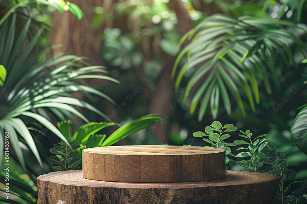 A wooden podium in a lush green jungle setting with a variety of tropical plants and foliage in the background. A wooden podium in a lush green jungle setting with a variety of tropical plants and foliage in the background.