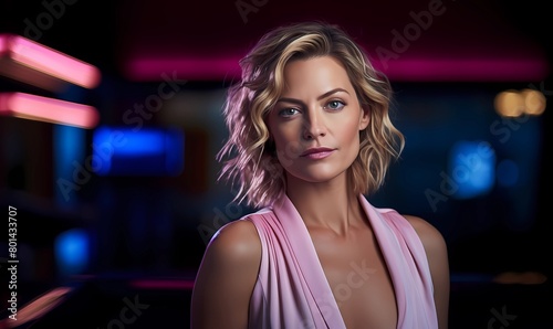 Stunning portrait of a poised woman with wavy hair, accentuated by vibrant neon lights in the background, evoking a captivating and contemporary ambiance around her serene allure