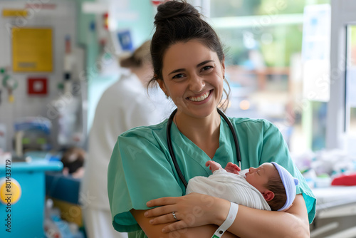 Happy nurse midwife holds newborn baby in arms at hospital. International Nurses Day concept.