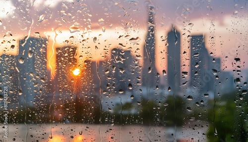cityscape during a rainstorm viewed from behind a rain-spattered window, capturing a sense of urban solitude