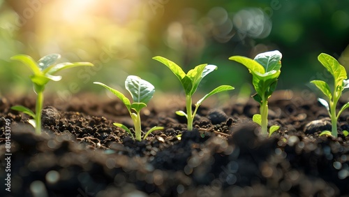 Cultivating Seedlings in Fertile Soil under Morning Sunlight for Sustainable Business Growth. Concept Agriculture, Sustainable Business, Seedlings Cultivation, Fertile Soil, Morning Sunlight
