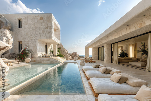 Modern luxury villa made of rocks, pool with blue water, beige concrete accents and outdoor furniture. Created with Ai