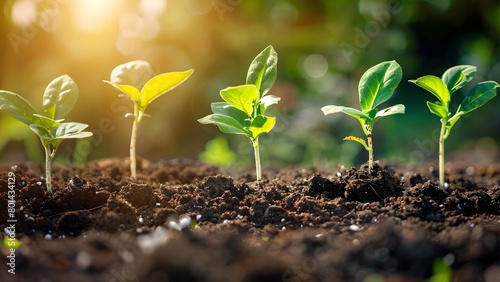 Growing seedling in rich soil under morning sunlight for sustainable business development . Concept Sustainable Business Development, Seedling Growth, Rich Soil, Morning Sunlight, Green Initiatives