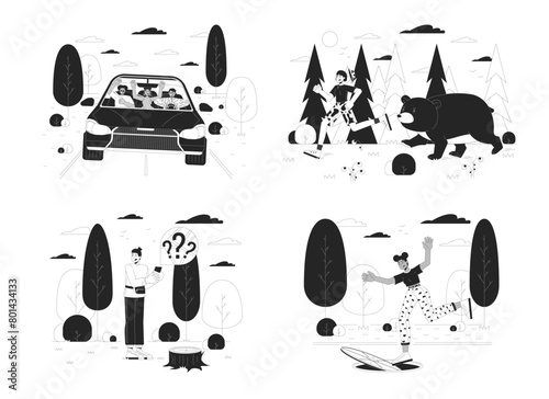 People surviving accidents black and white cartoon flat illustration set. Dealing with dangerous situations 2D lineart characters isolated. Warning monochrome scene vector outline image collection