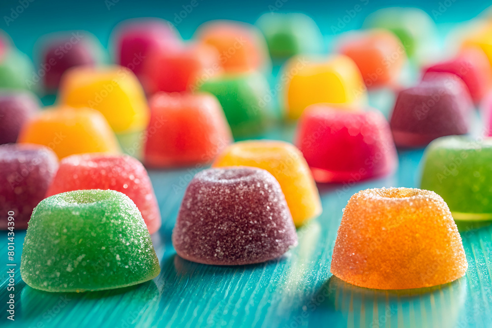 Leading Lines from Tray of Assorted Jelly Candies Against Bright Teal Backdrop Leading Lines from Tray of Assorted Jelly Candies Against Bright Teal Backdrop