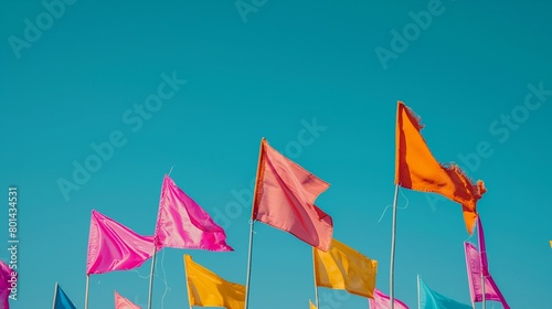  A grand procession of vibrant flags fluttering against a clear blue sky, symbolizing unity and independence 