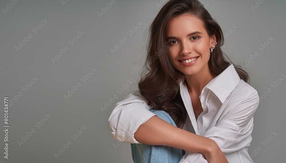 Beauty fashion portrait of smiling sensual young woman with dark long hair in white shirt and jeans on gray background banne Beauty fashion portrait of smiling sensual young woman with dark long hair in white shirt and jeans on gray background banne