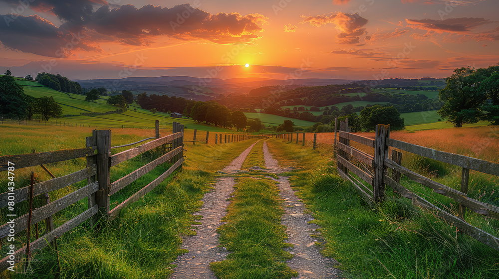 Beautiful sunset over the peak district in england, with stone walls and wooden gates on both sides of an old cobblestone path leading to distant hills. Created with Ai