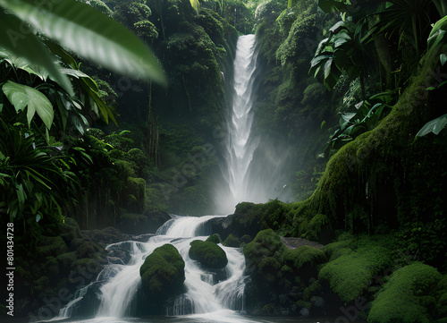 Forest waterfall, green forest, with lush greenery, generative ai © LIUBOMYR