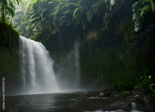 Forest waterfall, green forest, with lush greenery, generative ai