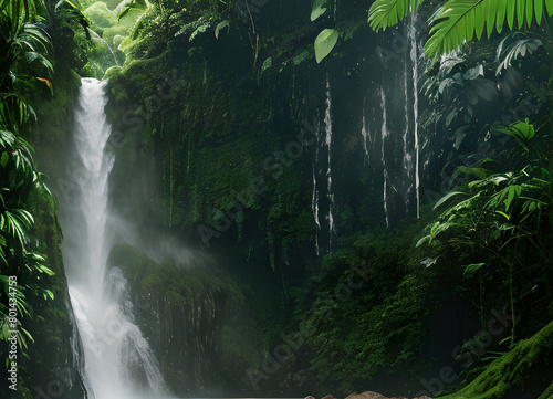 Forest waterfall  green forest  with lush greenery  generative ai