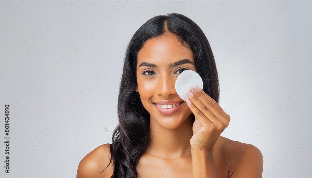 Charismatic, beautiful young woman using a cotton pad on a light isolated background Charismatic, beautiful young woman using a cotton pad on a light isolated background