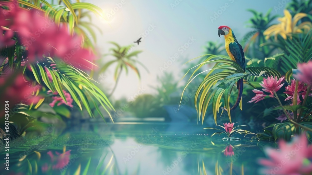 Illustrate a tranquil scene where a colorful tropical with birds and bananas