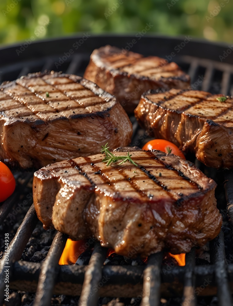 Barbecue garden grill with beef steaks, close-up.
Barbecue garden grill with beef steaks, close-up.