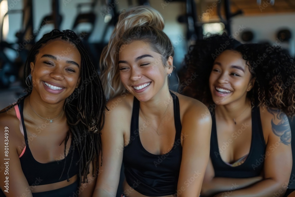 Three happy women sitting in a gym