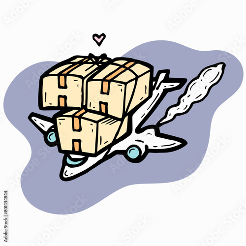 Plane carrying packages on top flying through the sky parcels packaged with care and love heart above cloud trail