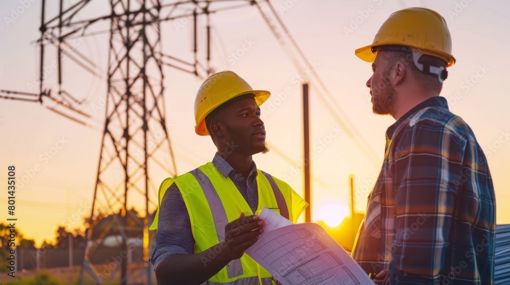 Engineers Discussing Plans at Sunset Engineers Discussing Plans at Sunset