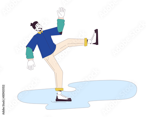 Scared caucasian man falling on wet floor 2D linear cartoon character. European male slipping on puddle isolated line vector person white background. Dangerous accident color flat spot illustration