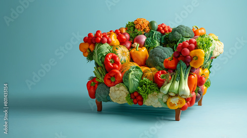 An old vintage armchair for seating in the living room, made from a large number of multicolored fresh and healthy vegetables, set against a soft light mint background.