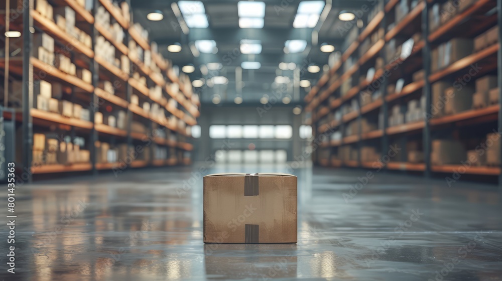 A cardboard box is sitting on the floor in a large warehouse. The box is brown and has a white sticker on it. The warehouse is empty and the box is the only object in the scene