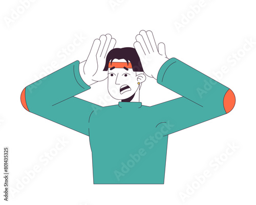 Emotional asian man squeezing head 2D linear cartoon character. Korean male with panic attack isolated line vector person white background. Mental health issues color flat spot illustration