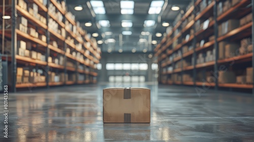 A cardboard box is sitting on the floor in a large warehouse. The box is brown and has a white sticker on it. The warehouse is empty and the box is the only object in the scene photo