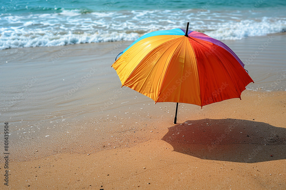 A colorful parasol casting dappled shadows on the sand, providing welcome relief from the midday sun.