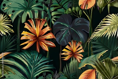wallpaper jungle and leaves tropical forest - drawing vintage Generative AI