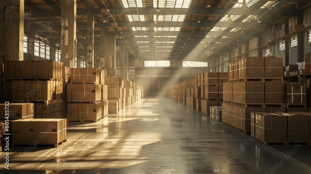 A warehouse with boxes stacked high and a lot of empty space. The sun is shining through the windows, creating a warm and inviting atmosphere