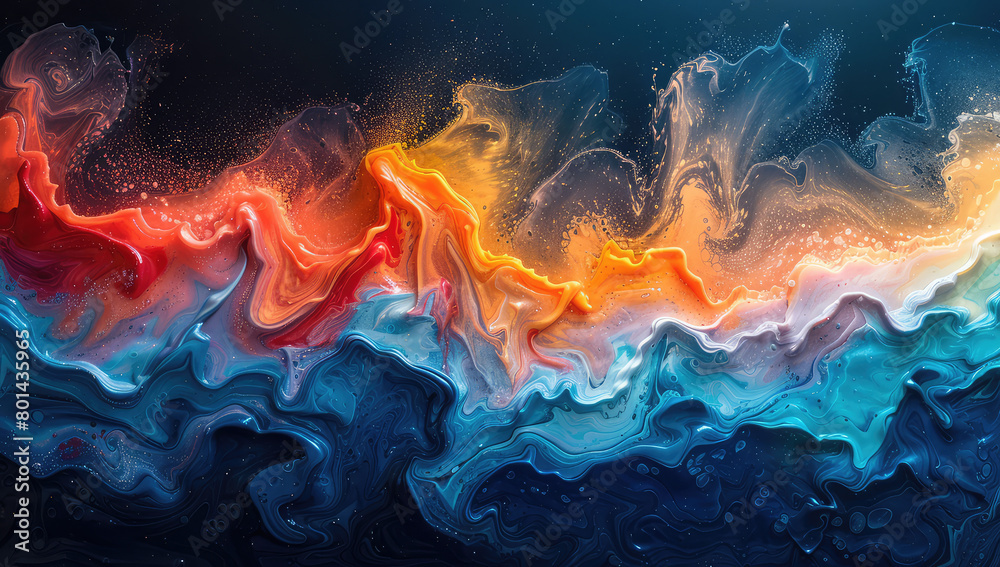 Abstract background with swirling colors, red and blue flames on the left side of an ocean wave. Created with Ai
