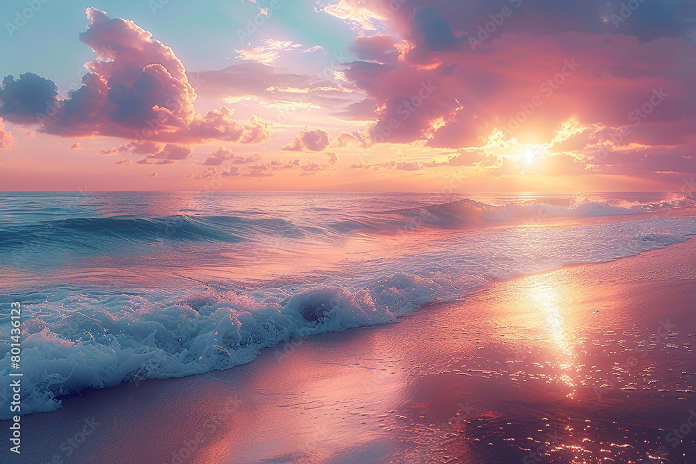 A colorful sunrise painting the sky in shades of pink, orange, and gold, casting a warm glow over the tranquil beach.