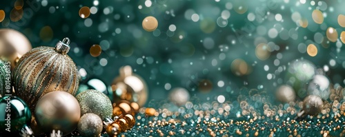 A green background with a bunch of Christmas ornaments on it. The ornaments are of different sizes and colors, and they are scattered all over the background. Scene is festive and joyful