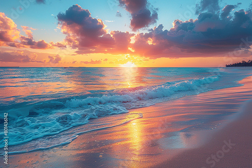 A colorful sunrise painting the sky in shades of pink, orange, and gold, casting a warm glow over the tranquil beach.