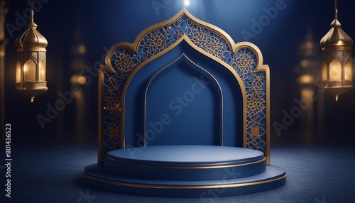 3d illustration blue islamic stage podium cylinder with gold theme in dark or night for ramadan celebration generative ai
