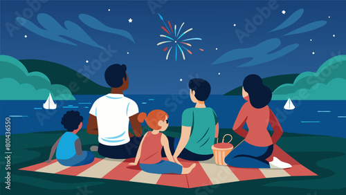 Families huddle together on picnic blankets enjoying a peaceful moment as they watch the glittering reflections of the fireworks on the water and. Vector illustration