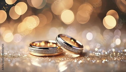 pair of shiny wedding rings on a sparkling background with copy space luxury