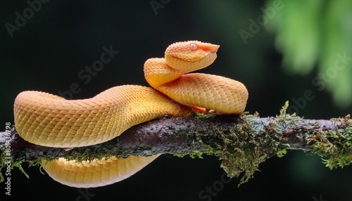 eyelash pit viper yellow morph with a dark background and copy space close to sarapiqui in costa rica