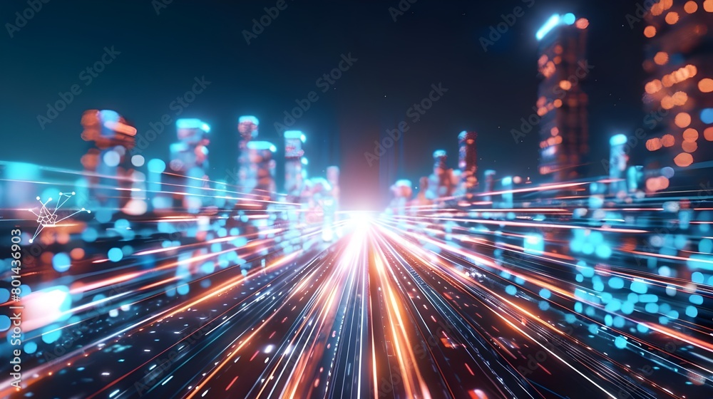 Obraz premium Close-up of global communication network, data transmission and cyber technology, information exchange. Wireless digital communication concept and the future of the Internet.